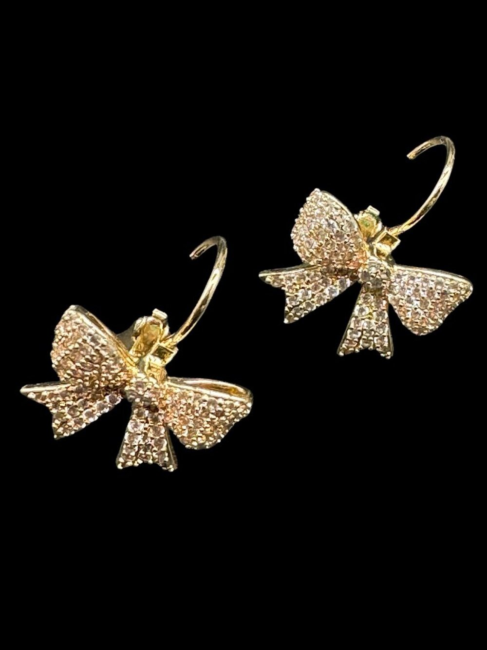 Gold Tone Bow Pierced Earrings with Clear Glass Rhinestones Lightweight